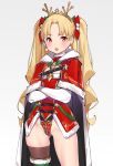  adapted_costume bangs blonde_hair blush breasts cape commentary_request crossed_arms earrings ereshkigal_(fate/grand_order) fate/grand_order fate_(series) jewelry leotard long_hair long_sleeves looking_at_viewer open_mouth parted_bangs pop_kyun red_cape red_eyes red_leotard red_ribbon ribbon simple_background single_thighhigh solo strapless strapless_leotard thighhighs tiara two_side_up white_background 