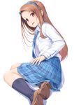  black_legwear brown_hair eyebrows_visible_through_hair eyes_visible_through_hair hairband idolmaster idolmaster_(classic) long_hair long_sleeves looking_at_viewer minase_iori miri_(ago550421) necktie open_mouth plaid plaid_hairband plaid_neckwear plaid_skirt red_eyes rough_time_school school_uniform shoe_soles signature sitting skirt sleeve_cuffs socks solo yokozuwari 