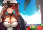  adjusting_headwear azur_lane bangs black_ribbon blue_sky blush breasts chair choker cleavage closed_mouth cloud collarbone commentary_request day double-breasted dress elbow_gloves eyebrows_visible_through_hair gloves hair_ribbon hand_on_headwear hat honolulu_(azur_lane) jacket_on_shoulders kanzaki_kureha large_breasts long_hair looking_at_viewer outdoors peaked_cap red_eyes red_hair ribbon sidelocks sky sleeveless sleeveless_dress smile solo taut_clothes taut_dress twintails underbust upper_body white_gloves 