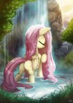  2017 butt cutie_mark equine eyes_closed feathered_wings feathers female feral fidzfox fluttershy_(mlp) friendship_is_magic grass hair hi_res long_hair mammal my_little_pony nature outside pegasus pink_hair rock sky smile solo tree water waterfall wet wet_hair wings 