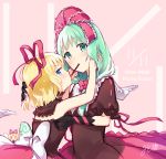  adapted_costume black_gloves blonde_hair blue_eyes bow choker commentary dated doll english food front_ponytail gloves green_eyes green_hair hair_bow hair_ribbon kagiyama_hina long_hair looking_at_viewer medicine_melancholy mito_tsubaki multiple_girls pocky pocky_day pocky_kiss puffy_short_sleeves puffy_sleeves red_bow red_ribbon ribbon short_hair short_sleeves signature sleeveless su-san touhou yuri 