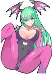  bangs black_leotard breasts bridal_gauntlets cleavage closed_mouth covered_nipples demon_girl demon_wings enpe eyebrows_visible_through_hair fingernails green_eyes green_hair head_wings heart_cutout highres large_breasts leotard long_fingernails long_hair looking_at_viewer morrigan_aensland nail_polish pantyhose purple_wings red_nails simple_background smile solo straight_hair vampire_(game) white_background wings 