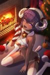  :d announ_(kurotya) bangs bare_arms bare_shoulders bell blush breasts christmas_ornaments christmas_stocking christmas_tree commentary_request crop_top dark_skin eyebrows_visible_through_hair fate/grand_order fate/prototype fate/prototype:_fragments_of_blue_and_silver fate_(series) fingernails fire fireplace flower fur_collar glint hair_between_eyes hand_up hassan_of_serenity_(fate) highres holding horns indoors kunai looking_at_viewer merry_sheep navel no_shoes open_mouth panties purple_eyes purple_hair red_flower ribbon-trimmed_legwear ribbon_trim sheep_horns sidelocks sitting small_breasts smile solo thighhighs underboob underwear unraveling wariza weapon white_legwear white_panties wool yarn yarn_ball 