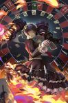  black_hair card celestia_ludenberck coin commentary danganronpa dice drill_hair earrings fire gothic_lolita hairband highres jewelry knife lolita_fashion lolita_hairband looking_back playing_card poker_chip qosic red_eyes roulette solo twin_drills 