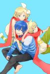  2boys :d aqua_background arms_around_neck back-to-back bare_arms bare_shoulders barefoot blonde_hair blue_eyes blue_hair blue_shirt denim eyebrows_visible_through_hair fingernails from_above green_pants habuki hair_ribbon happy head_rest horizontal-striped_shirt horizontal_stripes hug hug_from_behind jeans kagamine_len kagamine_rin kaito kneeling long_sleeves looking_at_viewer multiple_boys open_mouth pants red_neckwear red_scarf ribbon scarf shared_scarf shirt short_hair simple_background sitting smile striped vocaloid white_ribbon white_shirt 
