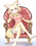  animal_ear_fluff animal_ears blonde_hair bow bowtie chair commentary crossed_legs elbow_gloves eyebrows_visible_through_hair fennec_(kemono_friends) fox_ears fox_tail from_below fur_trim gloves kemono_friends no_shoes pleated_skirt puffy_short_sleeves puffy_sleeves roozin short_hair short_sleeves sitting skirt solo tail thighhighs zettai_ryouiki 