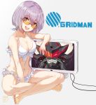  absurdres alexis_(ssss.gridman) barefoot bikini breasts broken broken_eyewear cleavage copyright_name crossed_legs frilled_bikini frills glasses highres large_breasts lavender_hair midriff monitor mugcup navel open_mouth red-framed_eyewear red_eyes shinjou_akane short_hair smile ssss.gridman swimsuit teeth white_bikini 