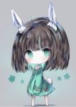  ahoge animal_ears bangs bare_shoulders barefoot blush brown_hair bunny_ears bunny_girl bunny_tail closed_mouth commentary_request copyright_request cottontailtokki dress eyebrows_visible_through_hair full_body green_dress green_eyes green_hair grey_background hair_between_eyes long_hair long_sleeves multicolored_hair sleeves_past_fingers sleeves_past_wrists smile solo standing tail two-tone_hair 