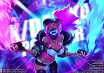  akali asymmetrical_legwear bangle bare_shoulders baseball_cap belt black_legwear bodypaint bracelet breasts character_name choker cleavage colorized cowboy_shot crop_top face_mask hat jewelry k/da_(league_of_legends) k/da_akali league_of_legends leaning_forward lenn_sparrow mask midriff navel official_art pants ponytail purple_hair sketch smoke solo spray_can strapless watermark yellow_eyes 