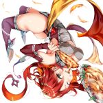  absurdres ass azur_lane bottle breasts clothing_request commentary cup drinking_glass eating feathers food hair_ornament highres long_hair medium_breasts one_eye_closed phoenix_(azur_lane) plate red_hair smile teeth thighhighs turkey_(food) wine_bottle wine_glass yellow_eyes yellow_feathers yukishiro_arute 