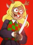  anthro antlers blonde_hair buckteeth cervine clothing deltarune freckles hair horn knife mammal noelle_holiday open_mouth red_background red_eyes red_nose reindeer simple_background small_pupils sweater teeth tongue unknown_artist yandere 