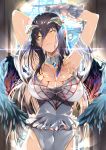  albedo armpits bare_shoulders black_feathers black_hair black_wings breasts cleavage commentary_request demon_girl demon_horns demon_wings detached_collar dress feathered_wings feathers gloves hair_between_eyes highres hip_vent horns indoors jewelry large_breasts low_wings necklace overlord_(maruyama) slit_pupils standing thighs white_dress white_gloves window wings yellow_eyes yuu_(asaiyuji) 