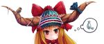 alternate_costume animal beanie bird blue_ribbon blush bottle bow brown_eyes choko_(cup) closed_mouth cup doitsuken eurasian_tree_sparrow hat hat_bow head_tilt highres horn_ribbon ibuki_suika long_hair looking_at_viewer orange_hair portrait red_bow ribbon simple_background solo sparrow thought_bubble tokkuri touhou white_background white_bow 