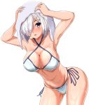  bikini blue_eyes breasts cleavage collarbone criss-cross_halter drying drying_hair hair_ornament hair_over_one_eye hairclip halterneck hamakaze_(kantai_collection) highres kantai_collection large_breasts leaning_forward looking_at_viewer short_hair side-tie_bottom silver_hair simple_background skindentation solo swimsuit upper_body wet white_background white_bikini zanntetu 