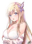  bangs bare_shoulders blonde_hair blue_eyes blush boku_wa_tomodachi_ga_sukunai bra breast_hold breasts butterfly_hair_ornament cleavage collarbone commentary commentary_request covered_nipples eyebrows_visible_through_hair hair_between_eyes hair_ornament head_tilt kashiwazaki_sena kuri_choko large_breasts long_hair off_shoulder parted_lips revision shirt signature simple_background solo sweat underwear upper_body very_long_hair white_background white_bra white_shirt 