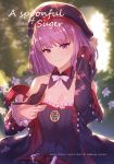  artist_name bangs bare_shoulders beret bird bird_on_hand blunt_bangs blurry blurry_background breasts commentary_request day detached_collar detached_sleeves english eyebrows_visible_through_hair fate/grand_order fate_(series) hat helena_blavatsky_(fate/grand_order) ibuki_notsu looking_at_viewer nature open_mouth plant purple_eyes purple_hair small_breasts smile solo typo 