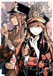  1girl :d brother_and_sister brown_eyes brown_hair crazy_straw dated drinking_straw eyebrows_visible_through_hair fate_(series) fireworks floral_print hat highres holding japanese_clothes kimono limited_palette long_hair looking_at_viewer obi oda_nobukatsu_(fate/grand_order) oda_nobunaga_(fate) open_mouth peaked_cap rioka_(southern_blue_sky) sash siblings smile twitter_username 