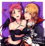  ahoge black_gloves blush breasts brown_hair cleavage collarbone demon_tail earrings fangs flower gloves groin hair_between_eyes hand_on_another's_hip happy_halloween heart highres holding holding_hands holding_weapon horns interlocked_fingers jewelry kougi_hiroshi long_hair looking_at_viewer love_live! love_live!_sunshine!! medium_breasts midriff multiple_girls navel open_mouth red_eyes red_flower red_hair red_rose red_tail rose sakurauchi_riko short_hair slit_pupils stomach tail takami_chika tongue tongue_out vampire weapon white_gloves white_neckwear yellow_eyes 