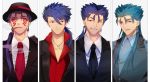  aqua_hair bangs black_hat black_jacket blue_shirt cigar closed_mouth collarbone collared_shirt commentary_request crescent cu_chulainn_(fate/grand_order) cu_chulainn_(fate/prototype) cu_chulainn_alter_(fate/grand_order) earrings eyebrows_visible_through_hair facial_mark fate/grand_order fate/prototype fate/stay_night fate_(series) formal grey_vest grin hair_between_eyes hair_strand hat head_tilt highres jacket jewelry lancer long_hair looking_at_viewer low_ponytail male_focus mouth_hold multiple_boys necktie one_eye_closed open_clothes open_jacket parted_lips pekerika purple_hair red_eyes red_neckwear red_shirt sharp_teeth shirt sidelocks smile smoke smoking suit teeth very_long_hair vest white_shirt 