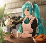  apron aqua_eyes aqua_hair aqua_nails aqua_neckwear bangs banned_artist basket black_ribbon black_shirt blurry blurry_background blurry_foreground blush bokeh breasts cake closed_mouth collared_shirt commentary_request cup day depth_of_field food frills hair_between_eyes hair_ornament hair_ribbon hatsune_miku holding indoors juliet_sleeves kettle long_hair long_sleeves looking_at_viewer maid maid_apron maid_headdress mug nail_polish neckerchief plant puffy_sleeves ribbon shirt sidelocks smile solo table very_long_hair victorian_maid vocaloid white_apron yuuka_nonoko 