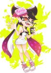  1girl aori_(splatoon) apron black_bra black_hair bra breasts cleavage commentary_request cup domino_mask drinking_straw fangs food food_on_head heart highres holding holding_cup mask mole mole_under_eye object_on_head okome_2g2g orange_eyes pointy_ears purple_hair solo splatoon_(series) splatoon_1 sushi suspenders tentacle_hair underwear waving 