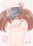  armpits bare_shoulders black_nails blush bra brown_eyes brown_hair commentary_request covered_nipples earrings fang flat_chest hands_above_head highres jewelry kantai_collection long_hair looking_at_viewer makabe_gorou nail_polish open_mouth ryuujou_(kantai_collection) solo twintails underwear upper_body visor_cap 