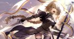  armor armored_dress bangs black_legwear blonde_hair blue_sky braid breasts cloud commentary_request day dress eyebrows_visible_through_hair fate/grand_order fate_(series) flag gauntlets grey_eyes hair_between_eyes headphones holding holding_flag holding_sword holding_weapon jeanne_d'arc_(fate) jeanne_d'arc_(fate)_(all) koruta_(nekoimo) long_hair low_ponytail medium_breasts open_mouth outdoors ponytail purple_dress single_braid sky solo standard_bearer sword thighhighs very_long_hair weapon white_flag 