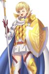 armor blonde_hair braid cape fire_emblem fire_emblem_heroes full_body gloves green_eyes holding holding_shield holding_spear holding_weapon looking_at_viewer one_eye_closed polearm rere_(yusuke) scale_armor sharena shield simple_background skirt smile solo spear thighhighs weapon white_background 
