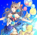  ahoge animal_ear_fluff animal_ears balloon bangs bare_shoulders blue_collar blue_flower blue_rose blue_skirt blue_sky blush bow breasts brown_hair cat_ears cat_girl cat_tail commentary_request day detached_collar eyebrows_visible_through_hair fingernails flower hair_between_eyes hair_bow hair_flower hair_ornament heart layered_skirt long_hair navel open_mouth original outdoors outstretched_arms purple_eyes red_bow rose shikino_yuki skirt sky small_breasts solo spread_arms strapless tail tail_raised very_long_hair 