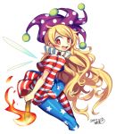  1girl :d american_flag_dress american_flag_legwear bangs blonde_hair blue_dress blush breasts clownpiece commentary_request cropped_legs dated dress erect_nipples eyebrows_visible_through_hair fairy_wings from_side hat holding holding_torch iroyopon jester_cap long_hair looking_at_viewer neck_ruff open_mouth pantyhose polka_dot polka_dot_hat purple_hat red_dress red_eyes reflective_eyes shiny shiny_clothes shiny_hair short_dress short_sleeves signature simple_background small_breasts smile solo star star-shaped_pupils star_print striped striped_dress swept_bangs symbol-shaped_pupils teeth thighs tongue torch touhou very_long_hair wavy_hair white_background white_dress wind wings 