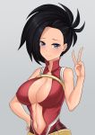  aori_sora bare_shoulders belt black_hair blue_eyes blush boku_no_hero_academia breasts closed_mouth commentary fingernails grey_background hand_up highres large_breasts looking_at_viewer navel short_hair simple_background sleeveless smile standing underwear v yaoyorozu_momo 