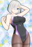 black_legwear black_swimsuit blue_eyes breasts competition_swimsuit covered_navel cowboy_shot eyes_visible_through_hair hair_ornament hair_over_one_eye hairclip hamakaze_(kantai_collection) highres kantai_collection large_breasts looking_at_viewer multicolored multicolored_background one-piece_swimsuit ouka_yozakura pantyhose pantyhose_under_swimsuit short_hair silver_hair solo standing swimsuit thighband_pantyhose 