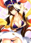  arm_up beads bikini blush breast_hold breasts brown_hair cleavage collarbone contrapposto fate/grand_order fate_(series) grin hat highres jewelry large_breasts long_hair looking_at_viewer mattari_yufi prayer_beads purple_bikini signature smile solo swimsuit xuanzang_(fate/grand_order) yellow_eyes 