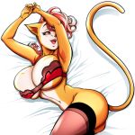  2018 anthro bed big_breasts blush bra breasts cat cleavage clothed clothing feline female fur hair hecchidechu hi_res huge_breasts legwear lingerie looking_at_viewer lying mammal monique_pussycat navel nipple_bulge open_mouth pink_eyes pink_hair pink_nose short_hair stockings super_fuck_friends tongue underwear voluptuous white_fur yellow_fur 