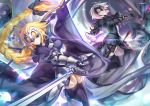  2girls ahoge armor armored_dress banner black_dress black_legwear blue_eyes braid braided_ponytail breasts dragon dress eyebrows_visible_through_hair fate/grand_order fate_(series) faulds floating_hair gauntlets headpiece holding holding_sword holding_weapon jeanne_d'arc_(alter)_(fate) jeanne_d'arc_(fate) jeanne_d'arc_(fate)_(all) kousaki_rui long_hair looking_at_viewer medium_breasts multiple_girls outdoors outstretched_arms parted_lips short_hair signature silver_hair single_braid sword thighhighs very_long_hair weapon yellow_eyes 