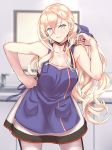  apron bangs blonde_hair blue_eyes blush breasts closed_mouth collarbone commentary_request dress eyebrows_visible_through_hair hair_between_eyes hair_ribbon hand_on_hip highres kantai_collection long_hair looking_at_viewer medium_breasts mole mole_under_eye mole_under_mouth multicolored multicolored_clothes multicolored_dress pantyhose ribbon richelieu_(kantai_collection) shingyo smile solo standing strapless strapless_dress 