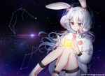  2018 animal_ears bangs black_legwear blue_eyes boots bunny_ears chyoling closed_mouth commentary commission constellation ears_through_headwear eyebrows_visible_through_hair fingernails flower hair_flower hair_ornament hairclip jacket long_hair long_sleeves original pink_flower planet puffy_long_sleeves puffy_sleeves short_shorts shorts silver_hair smile socks solo space spacesuit star star_(sky) symbol_commentary very_long_hair watermark white_footwear white_jacket white_shorts 