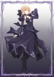  absurdres artoria_pendragon_(all) black_bow black_footwear black_legwear black_skirt black_sleeves blonde_hair boots bow breasts card_(medium) choker cleavage eyebrows_visible_through_hair fate/stay_night fate_(series) full_body gradient gradient_background hair_bow halterneck high_heel_boots high_heels highres knee_boots long_skirt long_sleeves looking_at_viewer lucifer_liyen medium_breasts parted_lips saber_alter short_hair shrug_(clothing) skirt solo standing standing_on_one_leg wide_sleeves yellow_eyes 