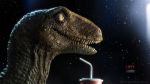  2012 ambiguous_gender beverage dinosaur hi_res rafael_vallaperde raptor scales sharp_teeth smile soda straw teeth theropod tongue yellow_eyes 