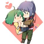  1girl ahoge blue_hair blush brown_eyes carrying chibi commentary_request fuuka_(fu-haru) green_hair hand_to_own_mouth hetero long_hair macross macross_frontier no_mouth ponytail princess_carry ranka_lee red_eyes saotome_alto short_hair sweatdrop 