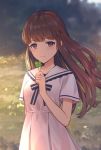  bangs brown_hair dress eyebrows_visible_through_hair floating_hair holding_clover lazuri7 long_hair looking_at_viewer neck_ribbon original outdoors pleated_dress red_eyes ribbon short_sleeves smile solo standing striped striped_ribbon very_long_hair white_dress 