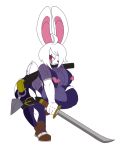  2018 alpha_channel anthro big_breasts breasts clothed clothing female fishnet footwear hair hair_over_eye hi_res huge_breasts kaede_(mangneto) kunai lagomorph mammal melee_weapon nipples rabbit red_eyes salaciouslx scar shoes short_stack simple_background sketch skinsuit solo sword thick_thighs tight_clothing torn_clothing weapon 