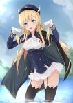  aisoretto ascot azur_lane black_cape black_legwear blonde_hair blue_eyes blue_sky breasts cape cloud cloudy_sky commentary_request day eyebrows_visible_through_hair fake_horns forest garter_straps gloves hair_between_eyes hat highres jacket kongou_(azur_lane) lake long_hair long_sleeves looking_at_viewer nature outdoors reflection skirt sky smile solo thighhighs tree underbust uniform water white_gloves white_skirt 