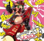  1boy album_cover ass bent_over blue_eyes boots bulge cover gloves green_hair gun hat holster knife looking_back male onomatopoeia open_mouth original paw_print pirate pirate_hat po-ju rocket skin_tight skull_and_crossbones solo text thighhighs thumbs_up trap weapon wide_hips 