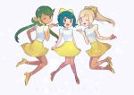  ame_(ame025) blonde_hair blue_background blue_eyes blue_hair bow braid breasts dark_skin english flat_chest french_braid full_body green_eyes green_hair hair_bow hand_up happy high_heels jumping knees_together_feet_apart lillie_(pokemon) long_hair looking_at_viewer mao_(pokemon) multiple_girls one_eye_closed open_mouth pokemon pokemon_(anime) pokemon_sm_(anime) ponytail puffy_short_sleeves puffy_sleeves shiny shiny_hair shirt shoes short_hair short_sleeves simple_background skirt small_breasts smile suiren_(pokemon) symbol_commentary tied_hair twintails white_shirt yellow_bow yellow_footwear yellow_skirt 