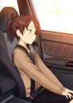  bangs beige_cardigan blush brown_eyes brown_hair brown_sailor_collar brown_skirt car car_interior cardigan commentary evening expressionless from_side ground_vehicle hair_ribbon hands_on_own_knees highres kantai_collection long_sleeves motor_vehicle ribbon sailor_collar sanhon school_uniform seatbelt sepia serafuku shikinami_(kantai_collection) short_hair short_ponytail sideways_glance sitting skirt solo stitches subaru_wrx sunlight sunset v_arms window 