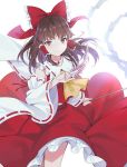  bow brown_eyes brown_hair collarbone detached_sleeves floating_hair frilled_bow frilled_hair_tubes frills hair_bow hakurei_reimu holding lazuri7 long_hair long_skirt long_sleeves looking_at_viewer red_bow red_ribbon red_shirt red_skirt ribbon ribbon-trimmed_sleeves ribbon_trim shirt skirt sleeveless sleeveless_shirt solo standing touhou white_background white_sleeves wide_sleeves 