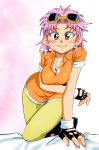  breasts cleavage commentary_request dragon_quest dragon_quest_dai_no_daibouken fingerless_gloves gloves goggles goggles_on_head graphite_(medium) jewelry looking_at_viewer maam millipen_(medium) necklace onnaski pink_hair short_hair solo traditional_media 