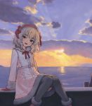  1girl :d backlighting blonde_hair blush boots bow bowtie cloud cloudy_sky coat commentary_request eyebrows_visible_through_hair feet_out_of_frame fur_trim gloves green_eyes hair_bow hairband horizon idolmaster idolmaster_cinderella_girls lolita_hairband looking_at_viewer ocean open_mouth outdoors pantyhose red_bow red_hairband sakurai_momoka scenery short_hair sitting sky smile solo sun sunlight sunrise tyubei7716 water wavy_hair winter_clothes winter_coat 