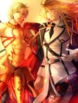  abs armor blonde_hair commentary_request crossover dies_irae earrings fate/grand_order fate_(series) gilgamesh gloves grin jacket_on_shoulders jewelry long_hair looking_at_viewer mia_(gute-nacht-07) multiple_boys muscle necklace necktie reinhard_tristan_eugen_heydrich smile tattoo uniform 